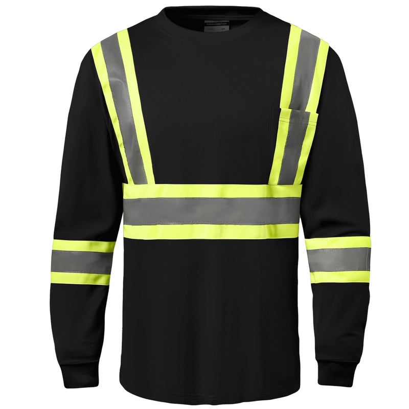 DPSAFETY Hi Vis Safety Long Sleeve Shirts,High Visibility Class 3 T Shirts with Reflective Strips and Pocket, Quick Dry Mesh Construction Work Shirt for Men/Women (Black,6XL) - Image 1